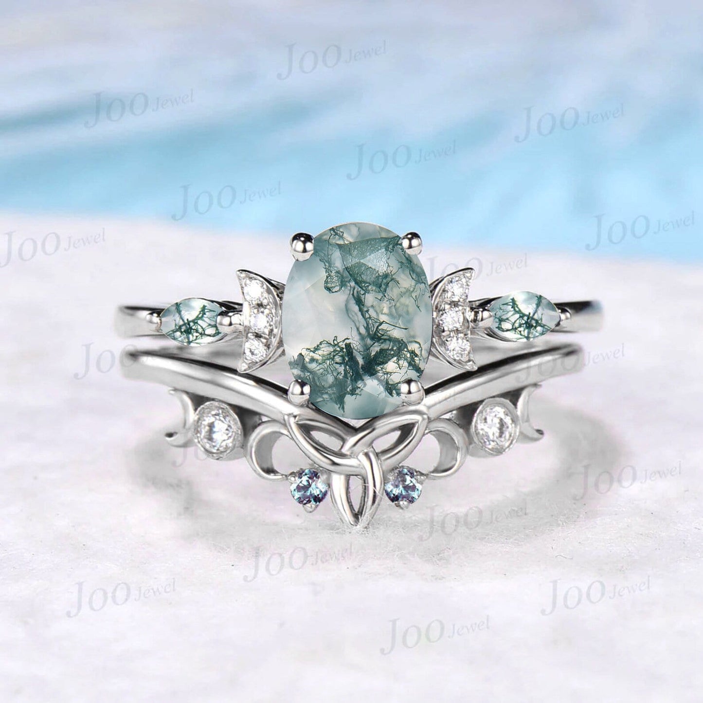 1.5ct Oval Cut Natural Moss Agate Diamond Celestial Engagement Ring Triple Moon Celtic Knot Alexandrite Band Rose Gold Moss Agate Bridal Set
