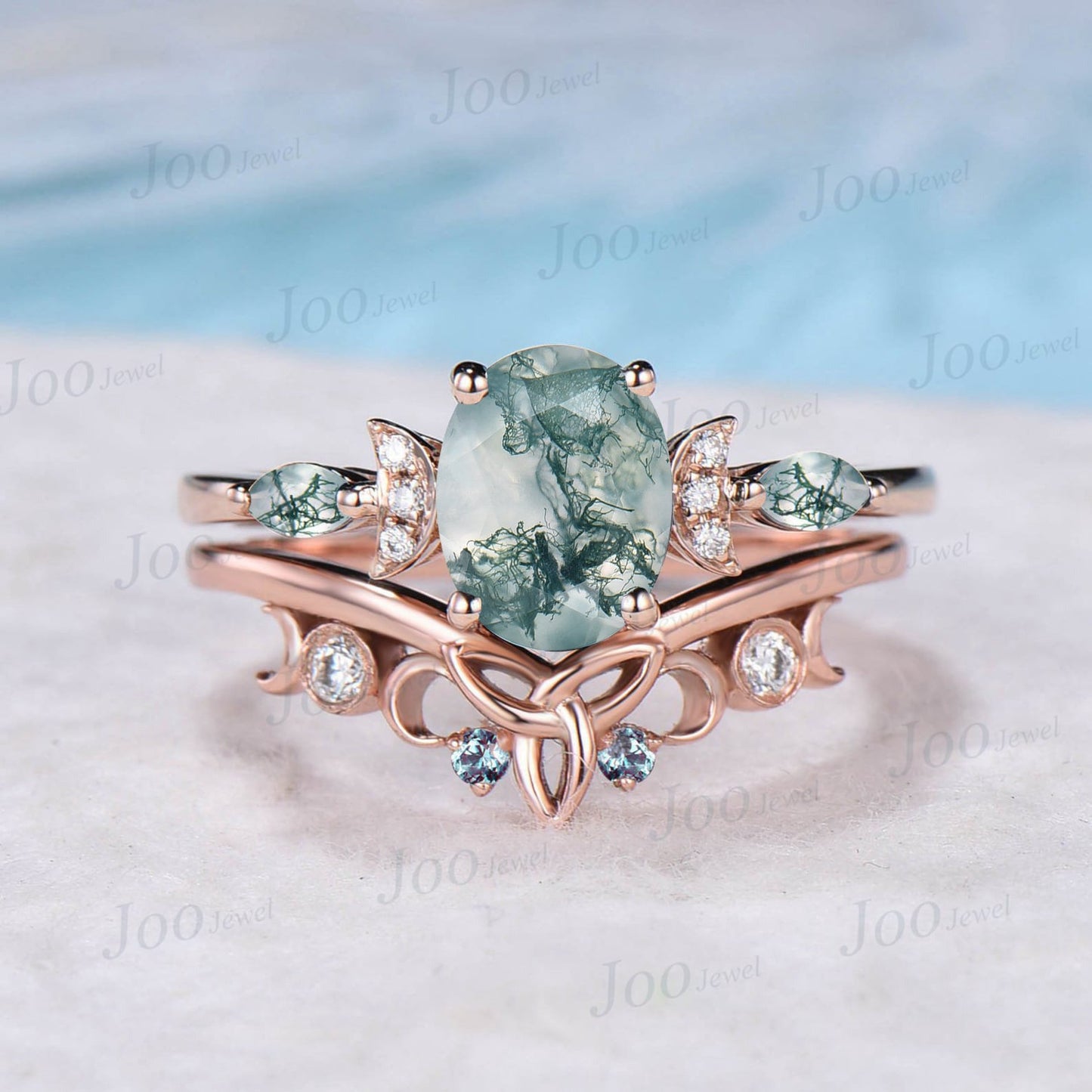 1.5ct Oval Cut Natural Moss Agate Diamond Celestial Engagement Ring Triple Moon Celtic Knot Alexandrite Band Rose Gold Moss Agate Bridal Set