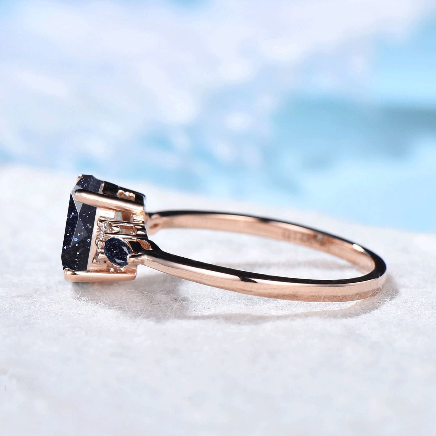 Sterling Silver 1.5ct Galaxy Starry Sky Blue Sandstone Ring Oval Gemstone Jewelry Vintage Cluster Blue Goldstone Personalized Gift for Women