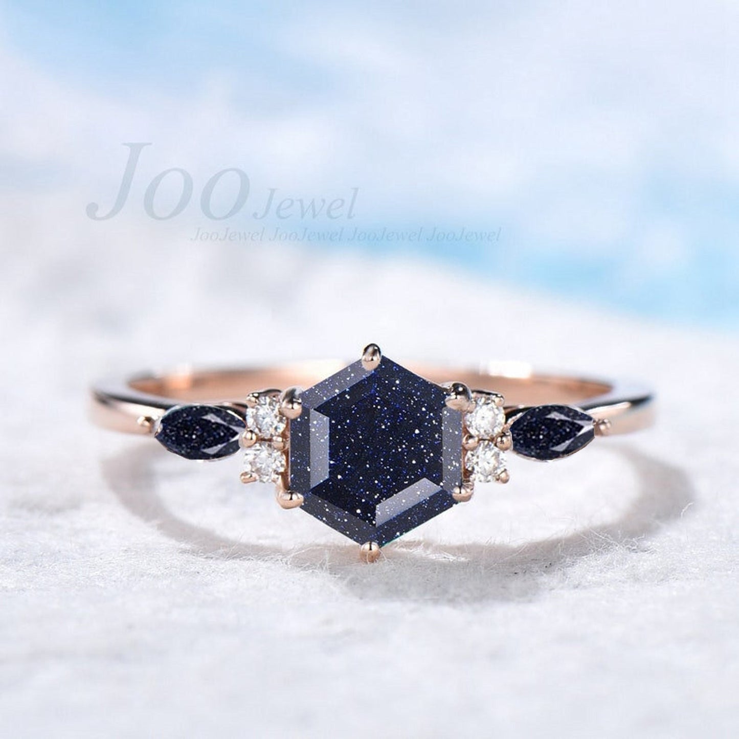 Sterling Silver 1.5ct Galaxy Starry Sky Blue Sandstone Ring Oval Gemstone Jewelry Vintage Cluster Blue Goldstone Personalized Gift for Women