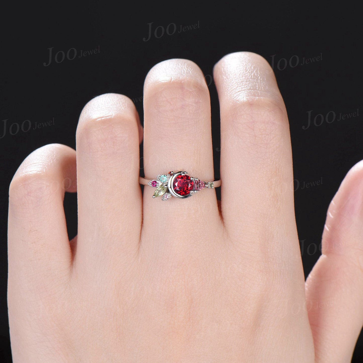 5mm Round Cut Red Ruby Engagement Ring 10K White Gold Moon Wedding Ring Personalized Cluster Natural Pink Tourmaline Emerald Promise Ring