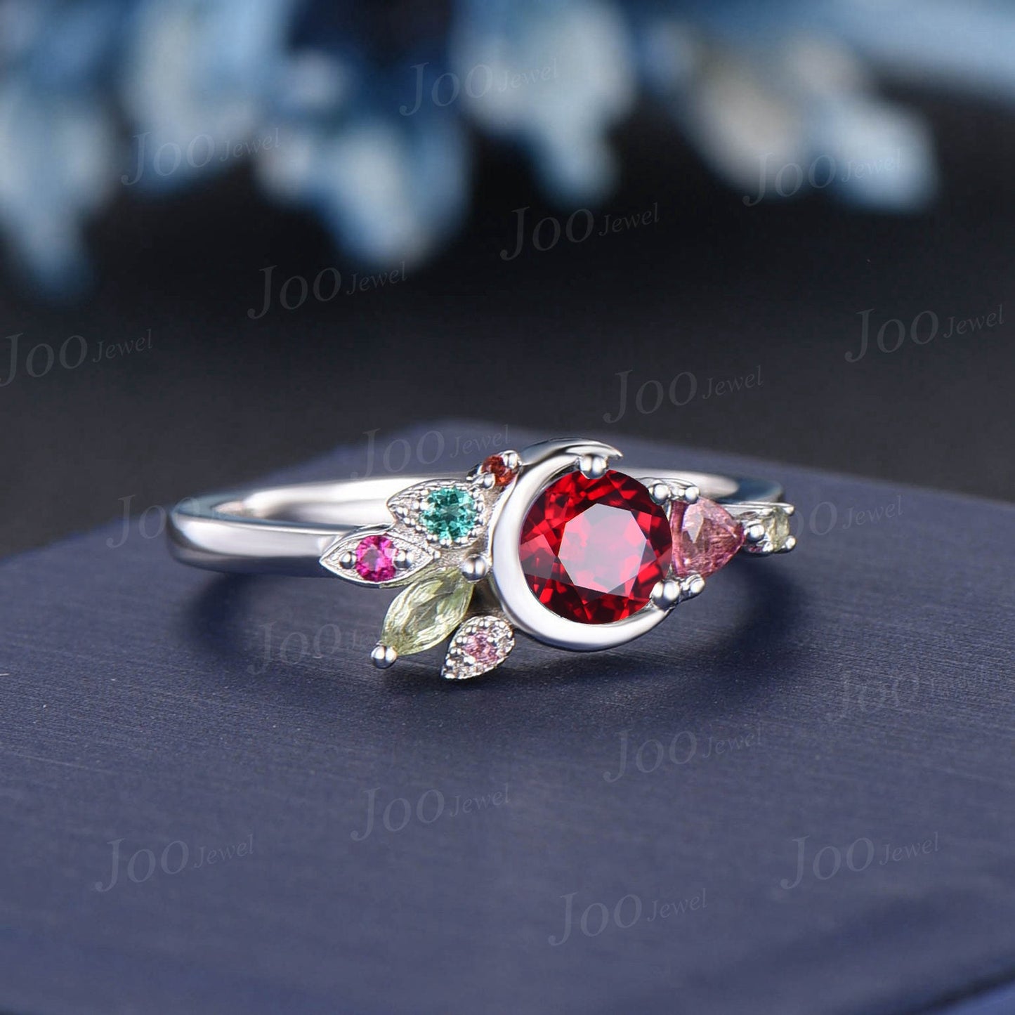 5mm Round Cut Red Ruby Engagement Ring 10K White Gold Moon Wedding Ring Personalized Cluster Natural Pink Tourmaline Emerald Promise Ring