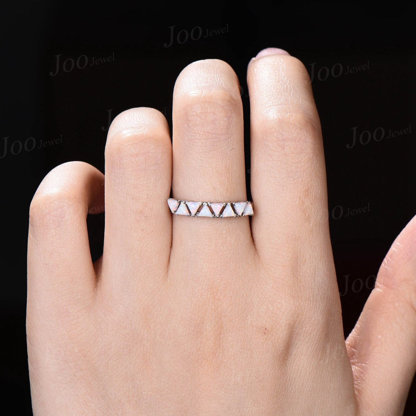 Trillion Cut White Opal Wedding Band for Women Vintage Gold Triangle Shaped Half Eternity Opal Band Unique October Birthstone Birthday Gifts