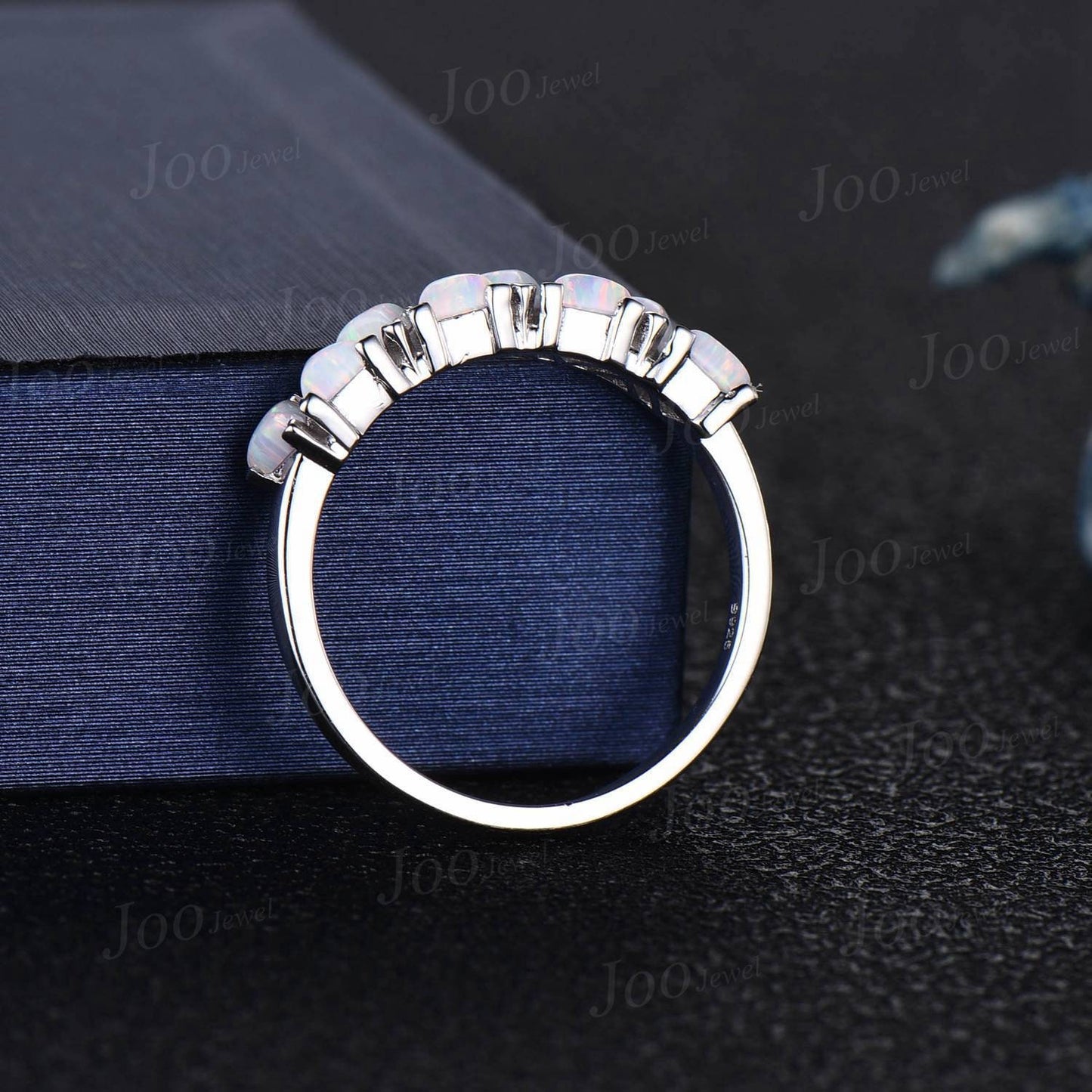 Trillion Cut White Opal Wedding Band for Women Vintage Gold Triangle Shaped Half Eternity Opal Band Unique October Birthstone Birthday Gifts