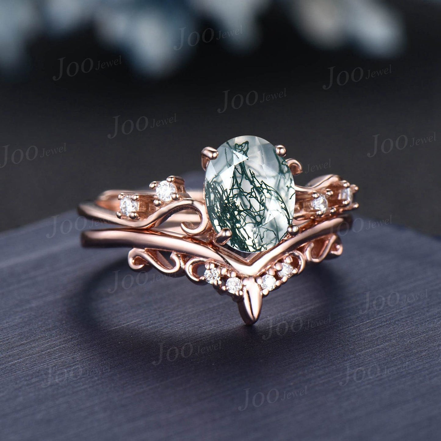 1.5ct Oval Natural Green Moss Agate Engagement Ring Rose Gold Cluster Infinity Moissanite Bridal Set Antique Flower Filigree Wedding Ring