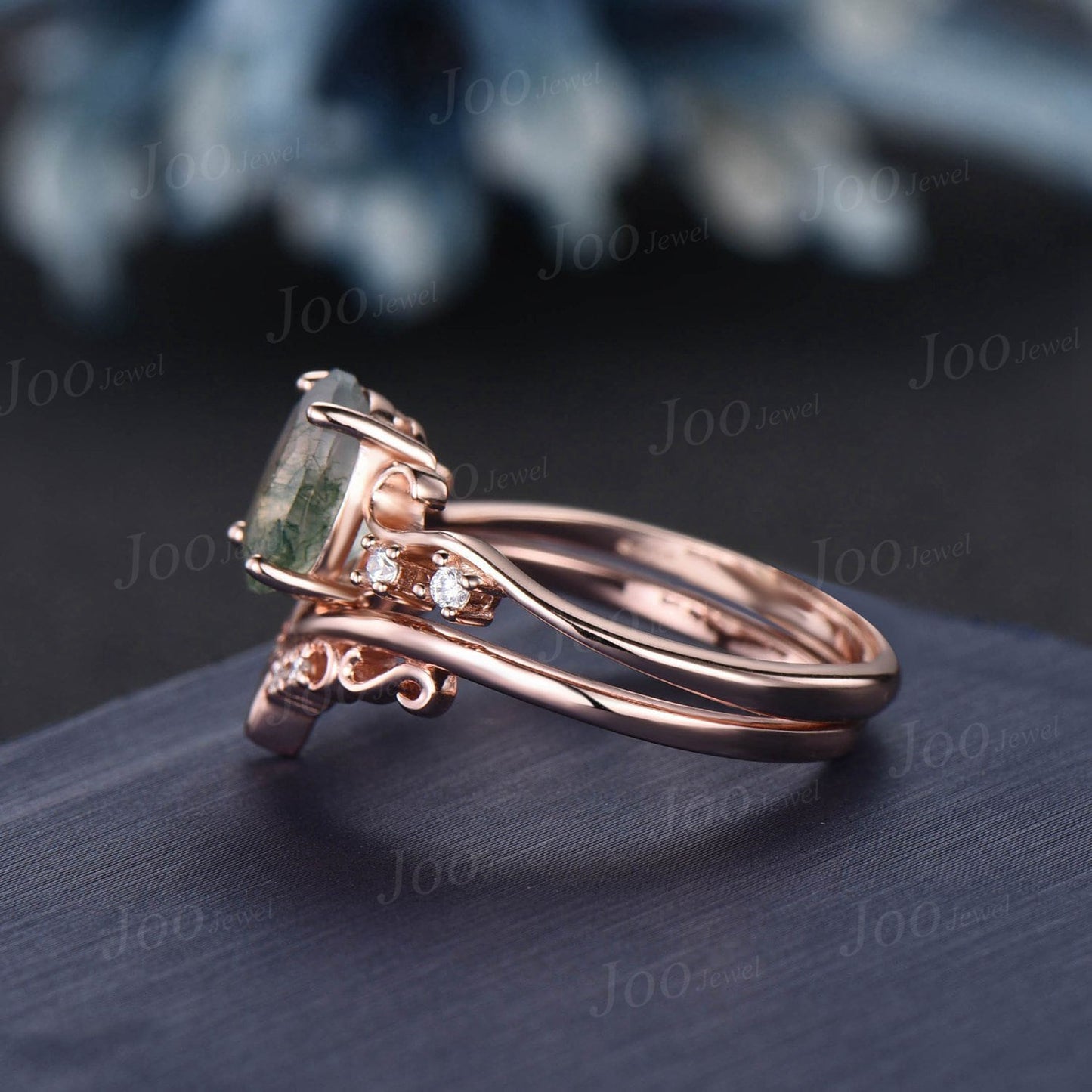 1.5ct Oval Natural Green Moss Agate Engagement Ring Rose Gold Cluster Infinity Moissanite Bridal Set Antique Flower Filigree Wedding Ring