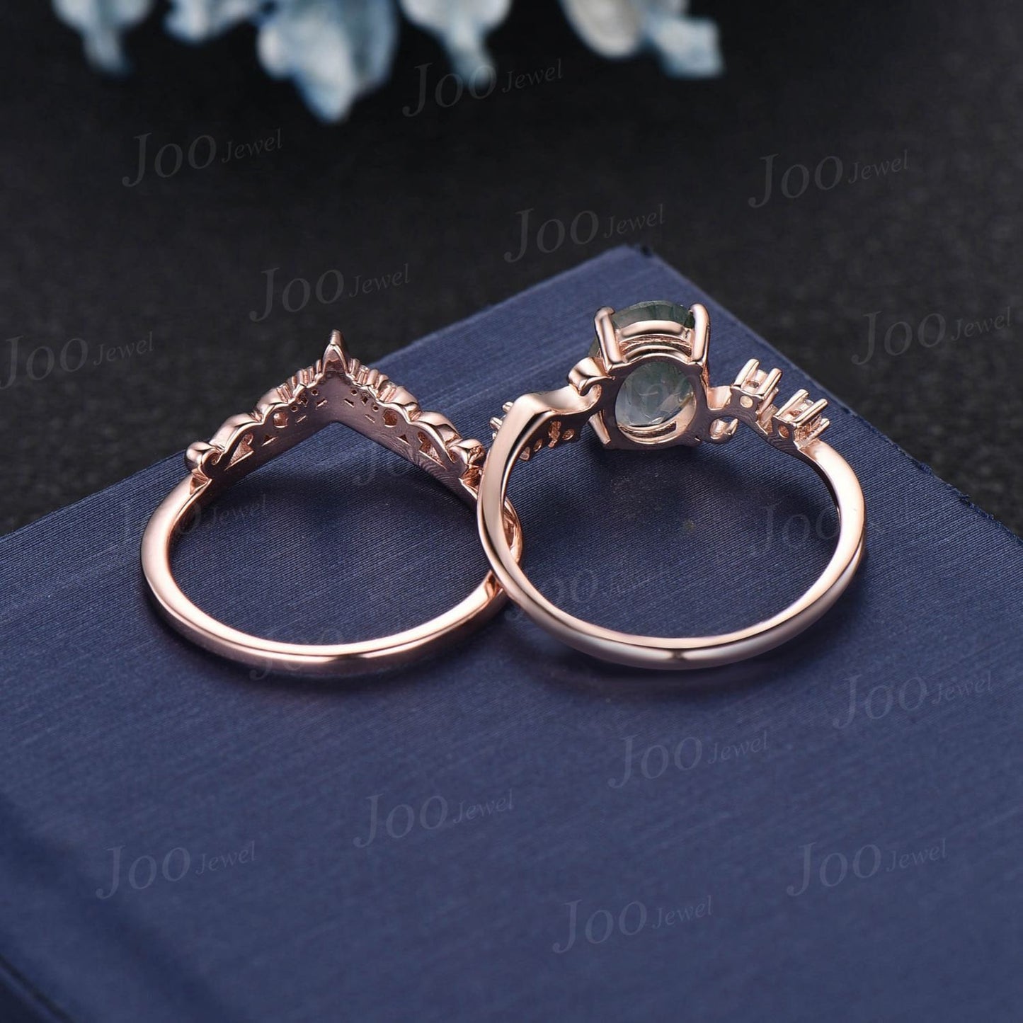 1.5ct Oval Natural Green Moss Agate Engagement Ring Rose Gold Cluster Infinity Moissanite Bridal Set Antique Flower Filigree Wedding Ring