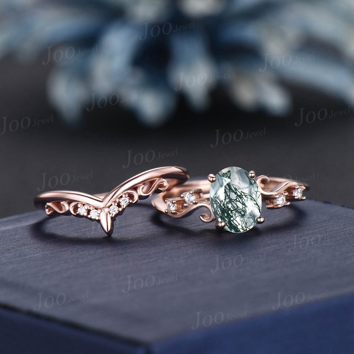1.5ct Oval Natural Green Moss Agate Engagement Ring Rose Gold Cluster Infinity Moissanite Bridal Set Antique Flower Filigree Wedding Ring
