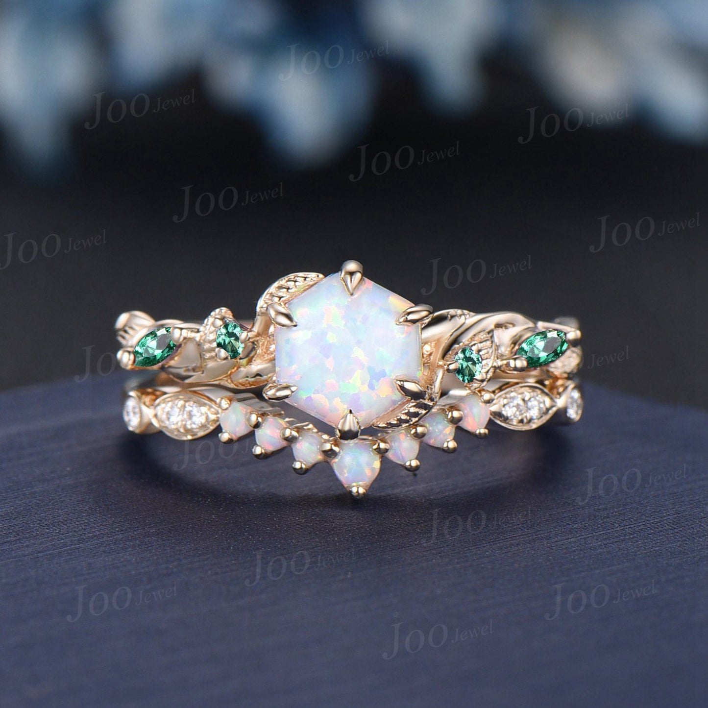 Nature Inspired Twig Opal Ring Set 10K Rose Gold Hexagon Opal Branch Engagement Ring Emerald Wedding Ring October Birthstone Birthday Gifts