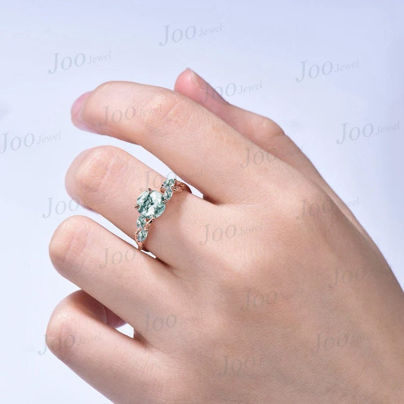 1.2ct Round Natural Moss Agate Ring Leaf Branch Design Moss Engagement Rings Twist Infinity Wedding Ring Green Agate Ring Anniversary Gifts