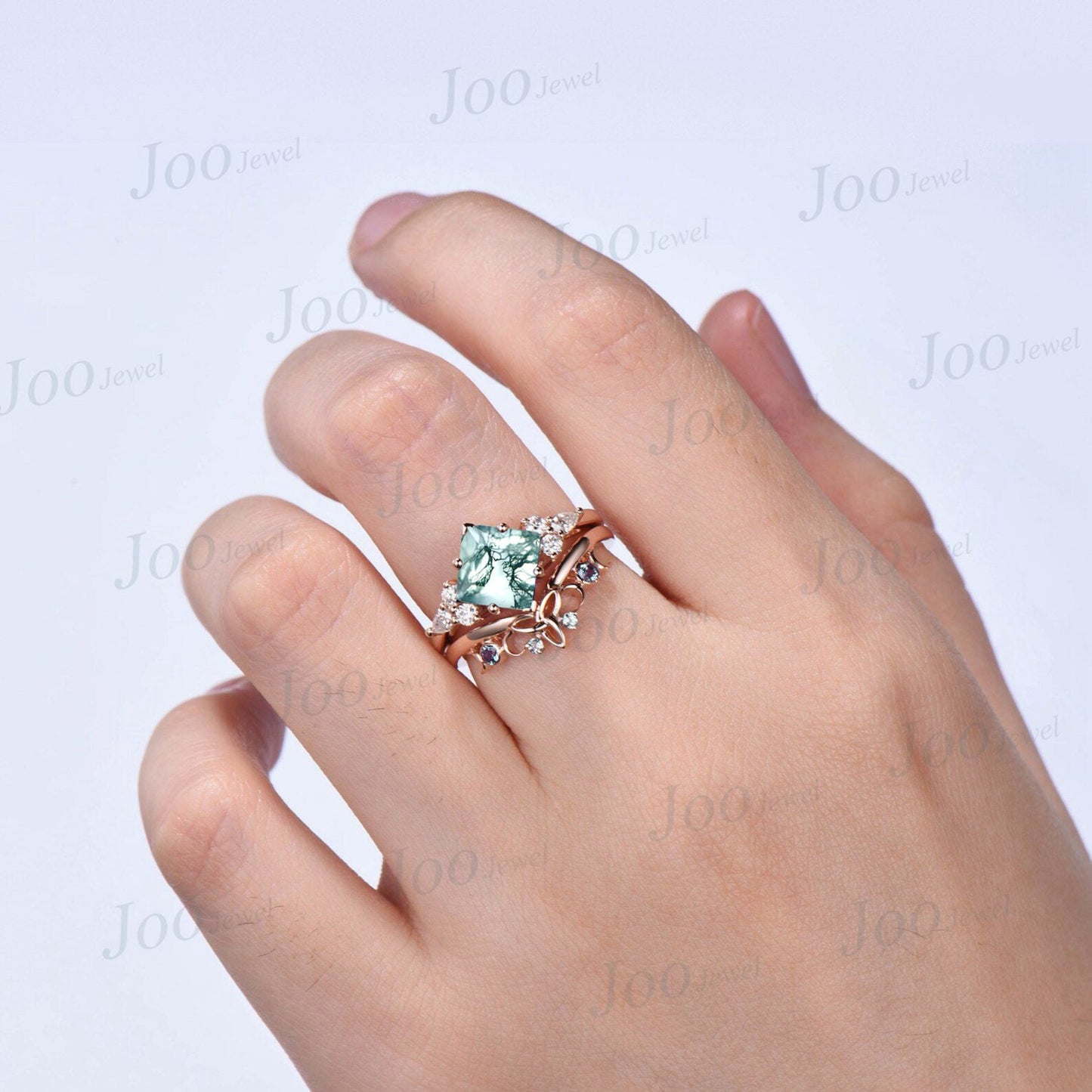 Princess Cut Natural Moss Agate Engagement Rings Vintage Trinity Knot Celtic Wedding Band 10K Rose Gold Alexandrite Moissanite Bridal Set