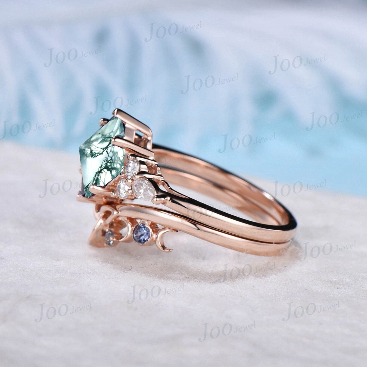 Princess Cut Natural Moss Agate Engagement Rings Vintage Trinity Knot Celtic Wedding Band 10K Rose Gold Alexandrite Moissanite Bridal Set