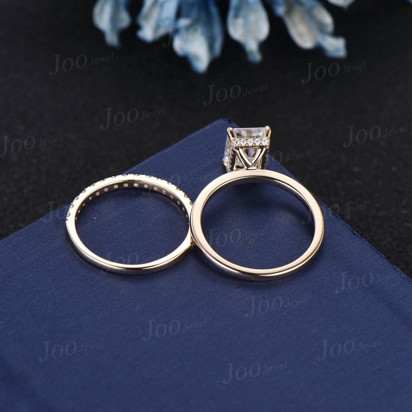 2ct Radiant Cut Moissanite Engagement Ring Set 14K Yellow Gold Solitaire Wedding Ring Set Bridal Ring for Women Anniversary Hidden Halo Ring