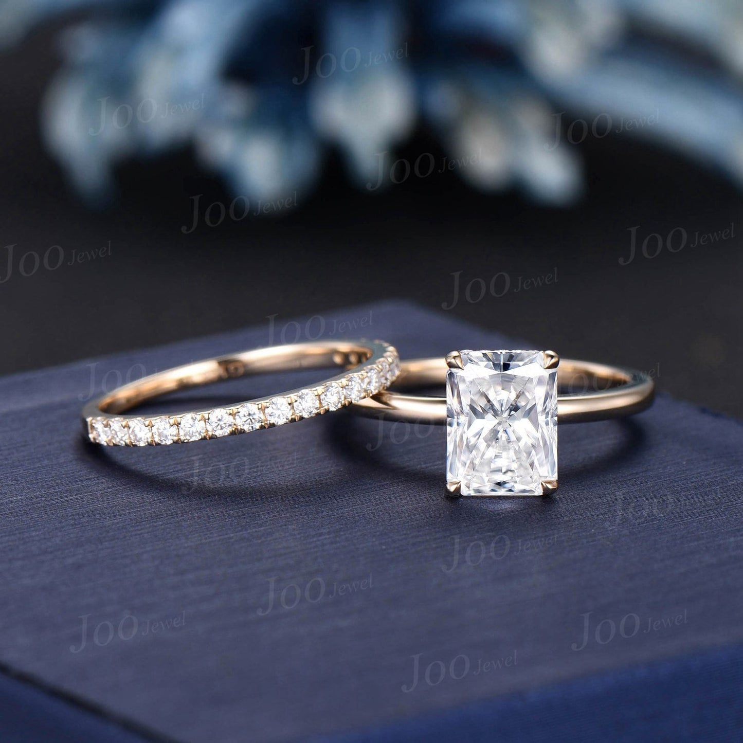 2ct Radiant Cut Moissanite Engagement Ring Set 14K Yellow Gold Solitaire Wedding Ring Set Bridal Ring for Women Anniversary Hidden Halo Ring