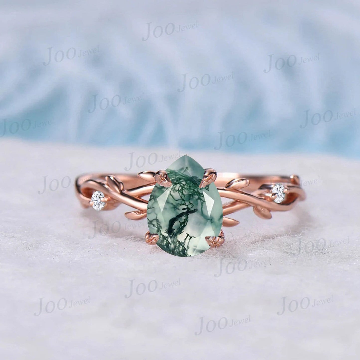 1.25ct Pear Moss Agate Ring Twig Nature Engagement Ring Green Gemstone Jewelry Moissanite Branch Vine Wedding Ring Moss Agate Bridal Set
