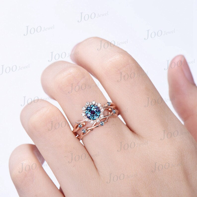 Halo Alexandrite Ring Nature Inspired Round Wedding Ring 14K Rose Gold Twig Vine Alexandrite Moissanite Ring Unique Wedding Gift for Women