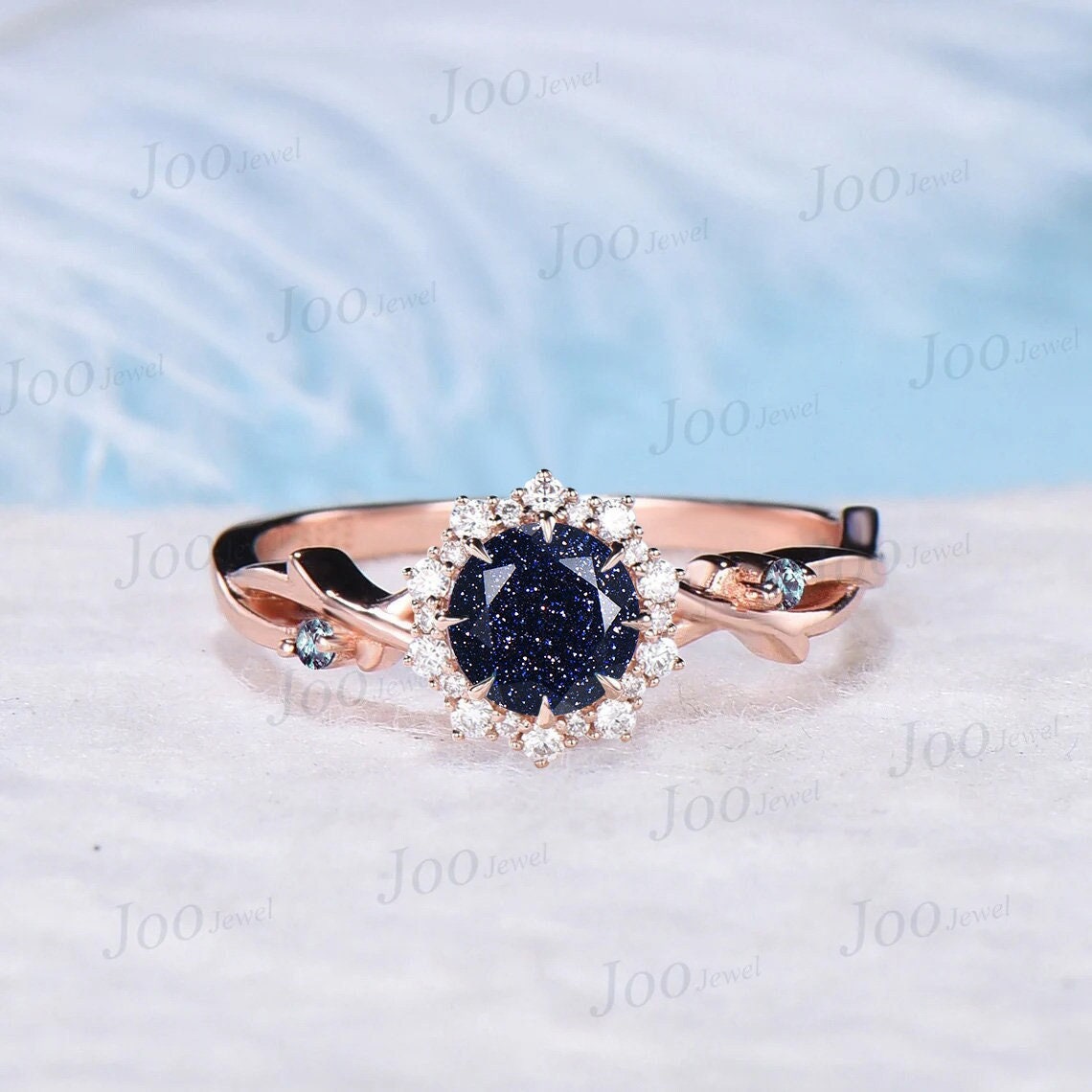 Nature Inspired Round Galaxy Blue Sandstone Halo Engagement Ring Cluster Twig Vine Alexandrite Ring Unique Anniversary/Promise Gifts Women