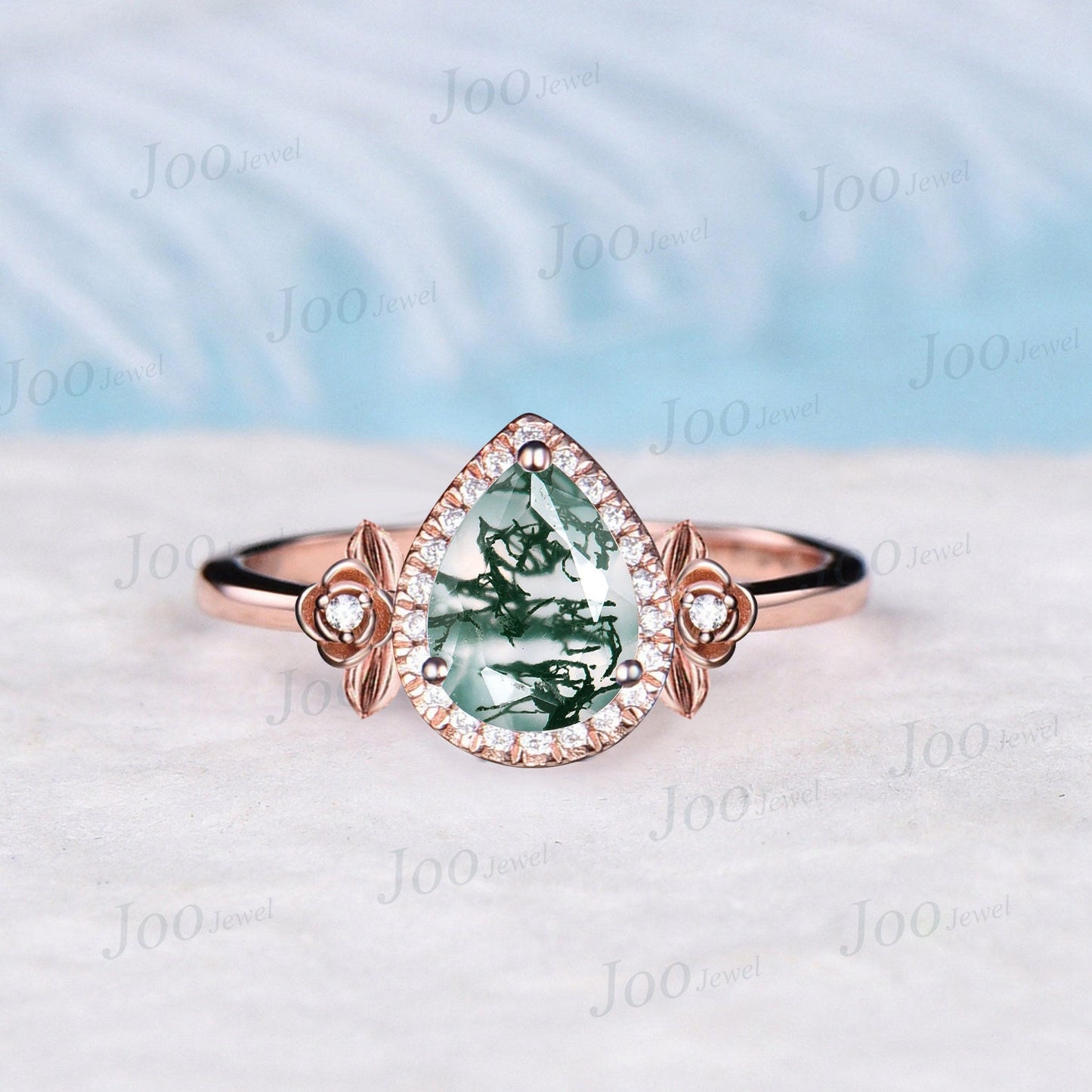 Pear Cut Moss Agate Engagement Ring Halo Wedding Ring 14K Rose Gold Leaf Flower Cluster Moissanite Alexandrite Ring Unique Anniversary Gifts