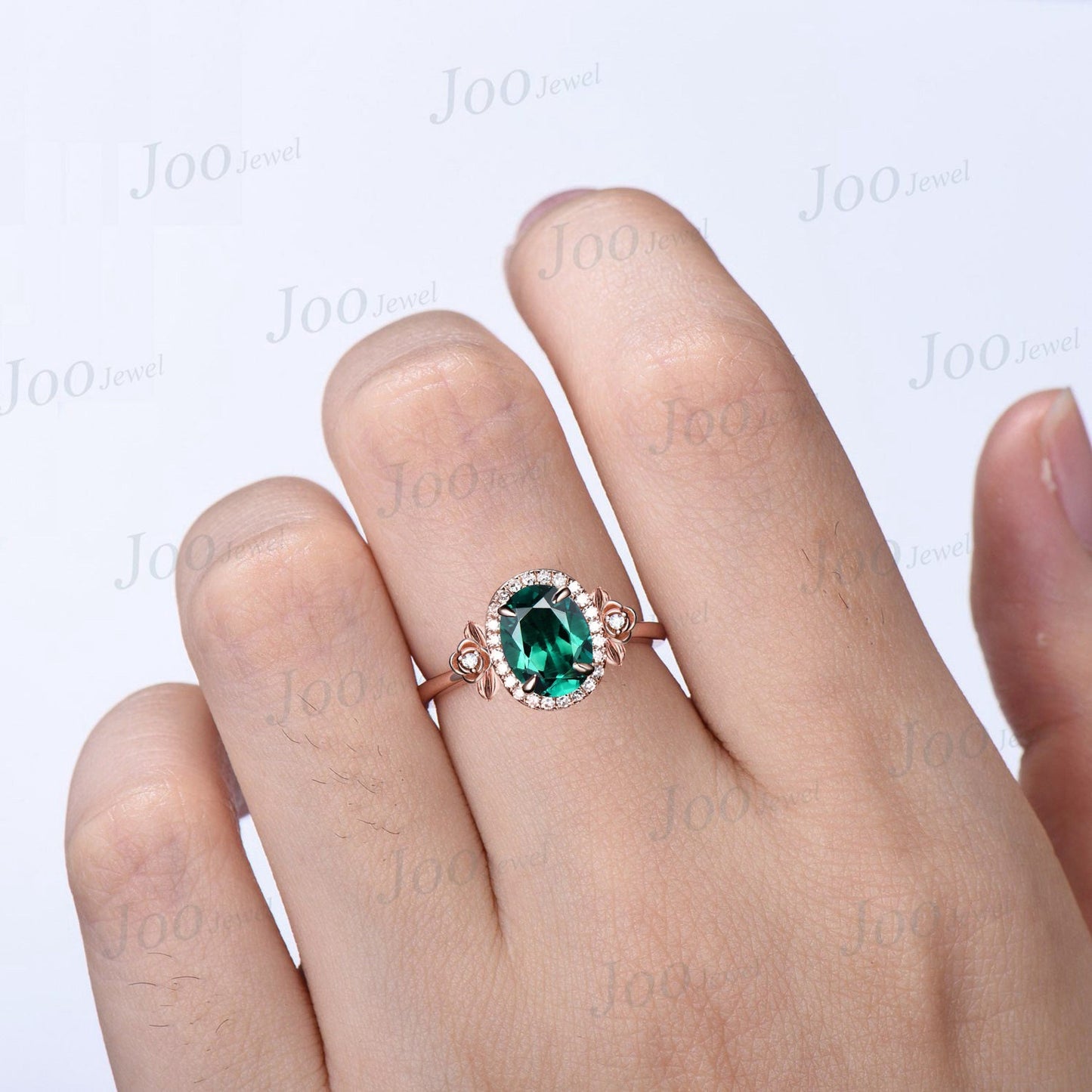 Oval Cut Green Emerlad Nature Engagement Ring Halo Wedding Ring 14K Rose Gold Leaf Flower Moissanite Diamond Ring Unique Anniversary Gifts