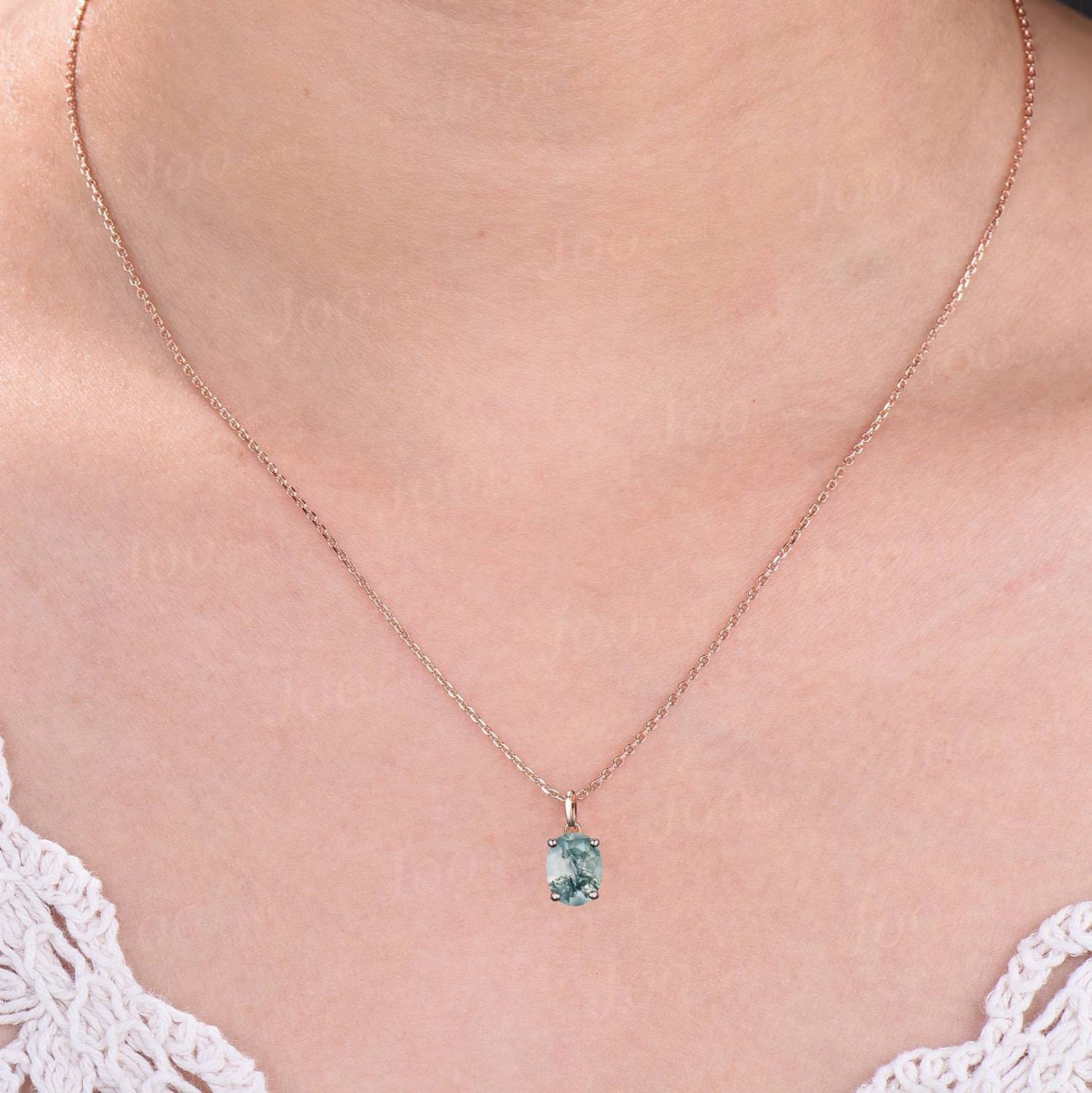 Oval Natural Moss Agate Necklace Solid 14k/18k Rose Gold Vintage Unique Personalized Wedding Pendant For Women Her Anniversary Bridal Gifts
