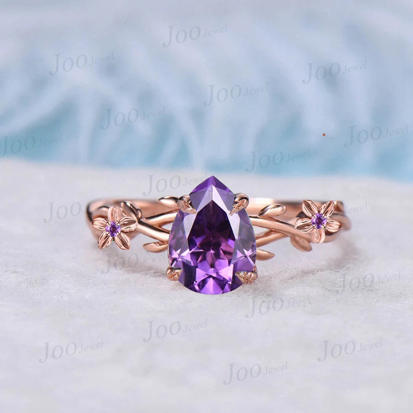 1.25ct Nature Inspired Flower Natural Purple Amethyst Twig Engagement Ring Branch Vine Floral Amethyst Wedding Ring Pear Bridal Ring Set