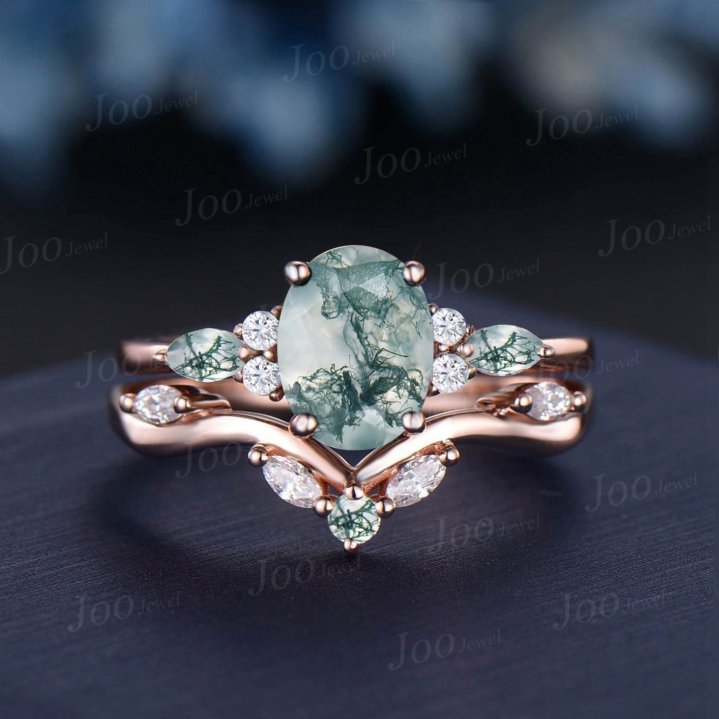 1.5ct Oval Natural Green Moss Agate Engagement Ring Set 10K Rose Gold Cluster Marquise Aquatic Agate Bridal Set Moss Moissanite Wedding Band