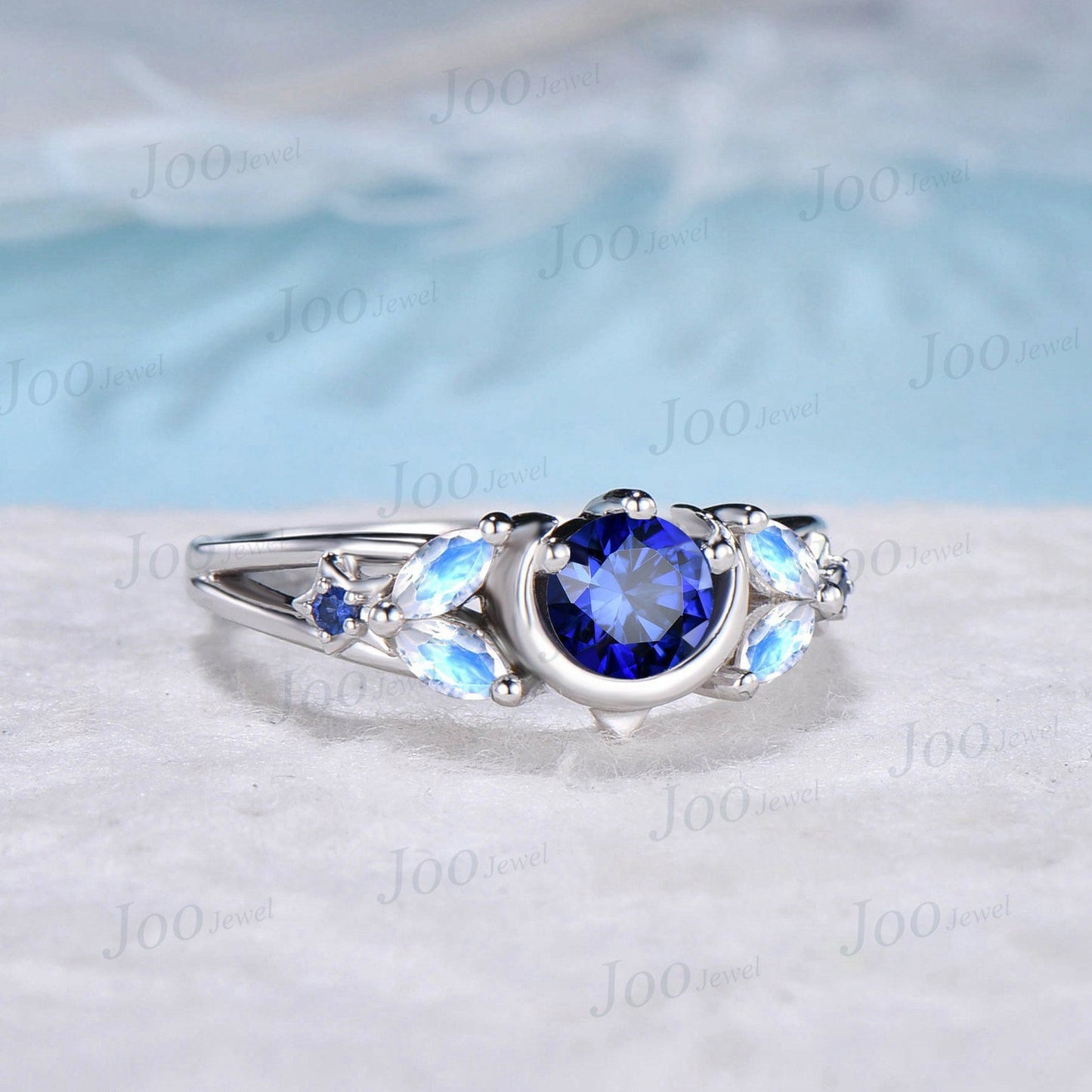 5mm Round Natural Blue Sapphire Moon Engagement Ring 10K White Gold Moonstone Celestial Wedding Ring Split Shank Band Unique Promise Ring Gifts