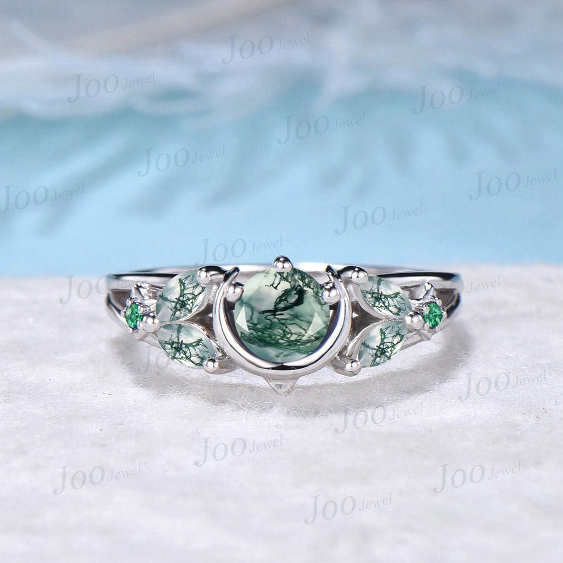5mm Round Natural Moss Agate Engagement Ring 10K White Gold Moonstone Blue Sapphire Celestial Moon Wedding Ring Split Shank Band Unique Gift