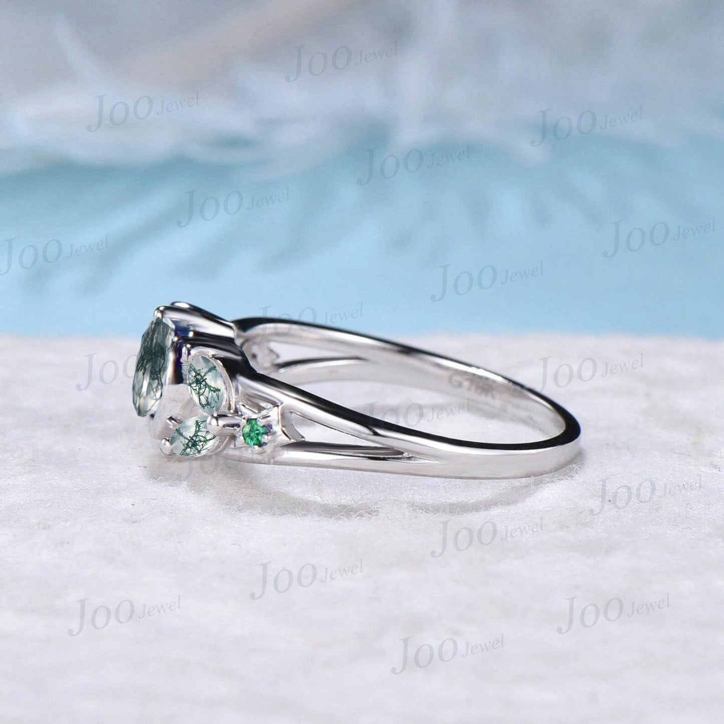 5mm Round Natural Moss Agate Engagement Ring 10K White Gold Moonstone Blue Sapphire Celestial Moon Wedding Ring Split Shank Band Unique Gift