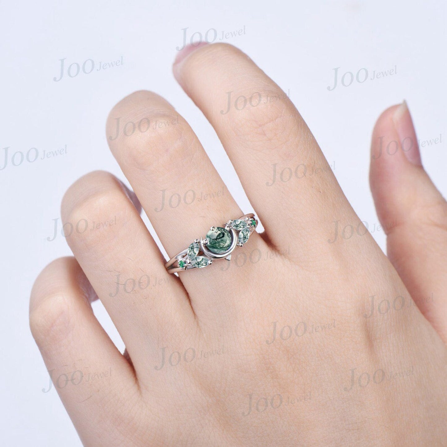 5mm Round Natural Moss Agate Engagement Ring 10K White Gold Moonstone Blue Sapphire Celestial Moon Wedding Ring Split Shank Band Unique Gift