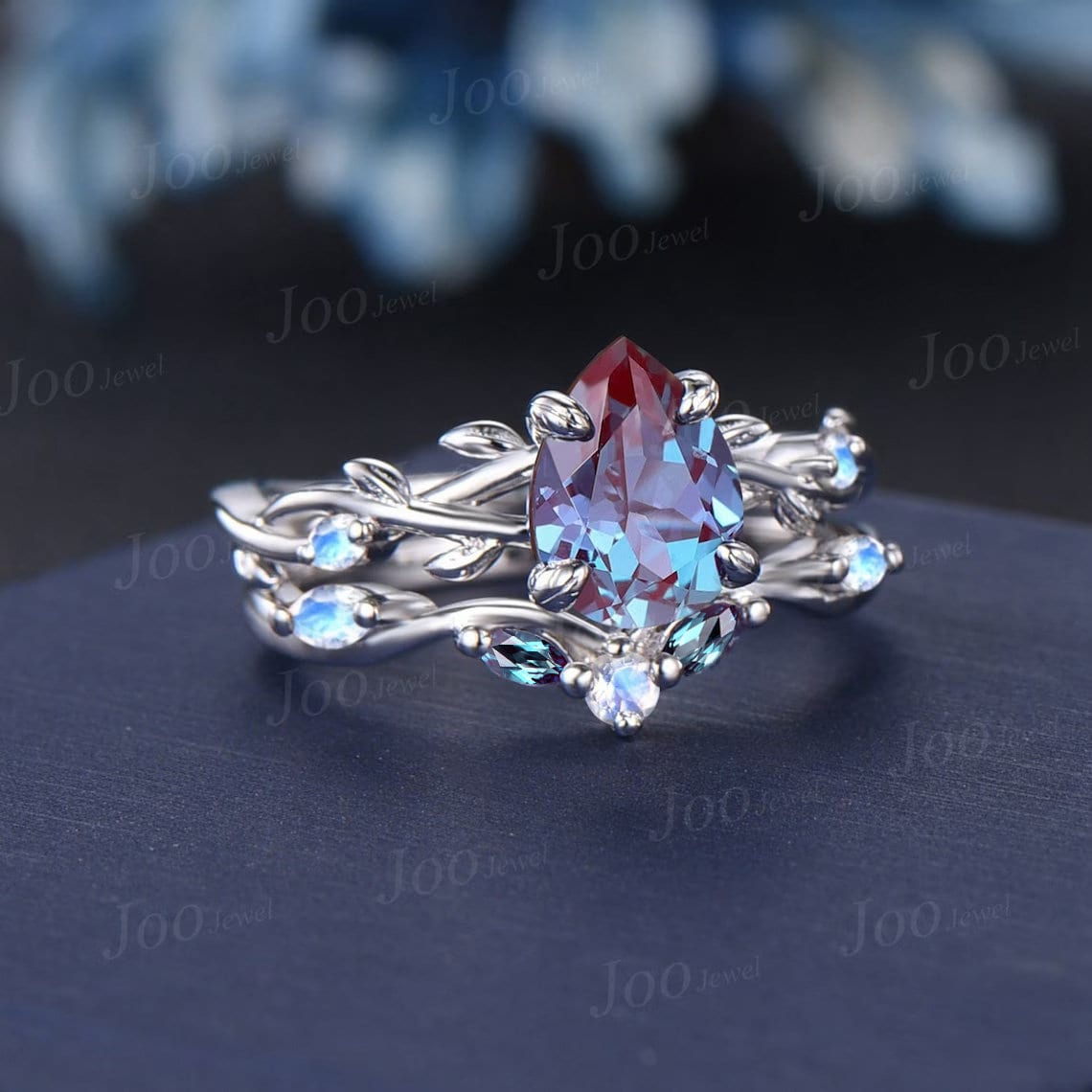 1.25ct Nature Inspired Color-Change Alexandrite Moonstone Bridal Set Twig Vine Teardrop Alexandrite Ring Set June Birthstone Wedding Gifts