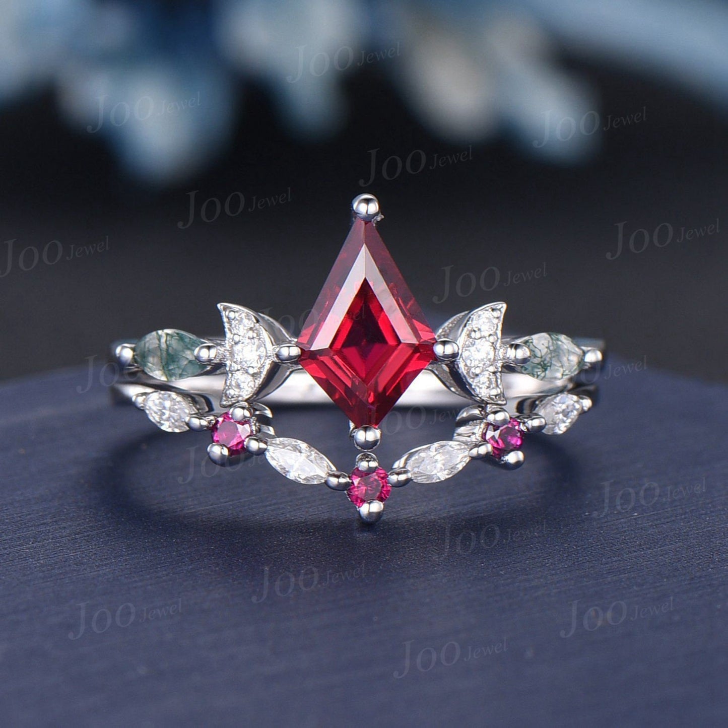 1ct Kite Ruby Bridal Set Vintage Ruby Celestial Engagement Ring Triple Moon Moss Agate Wedding Ring Sterling Silver Ruby Moissanite Ring Set