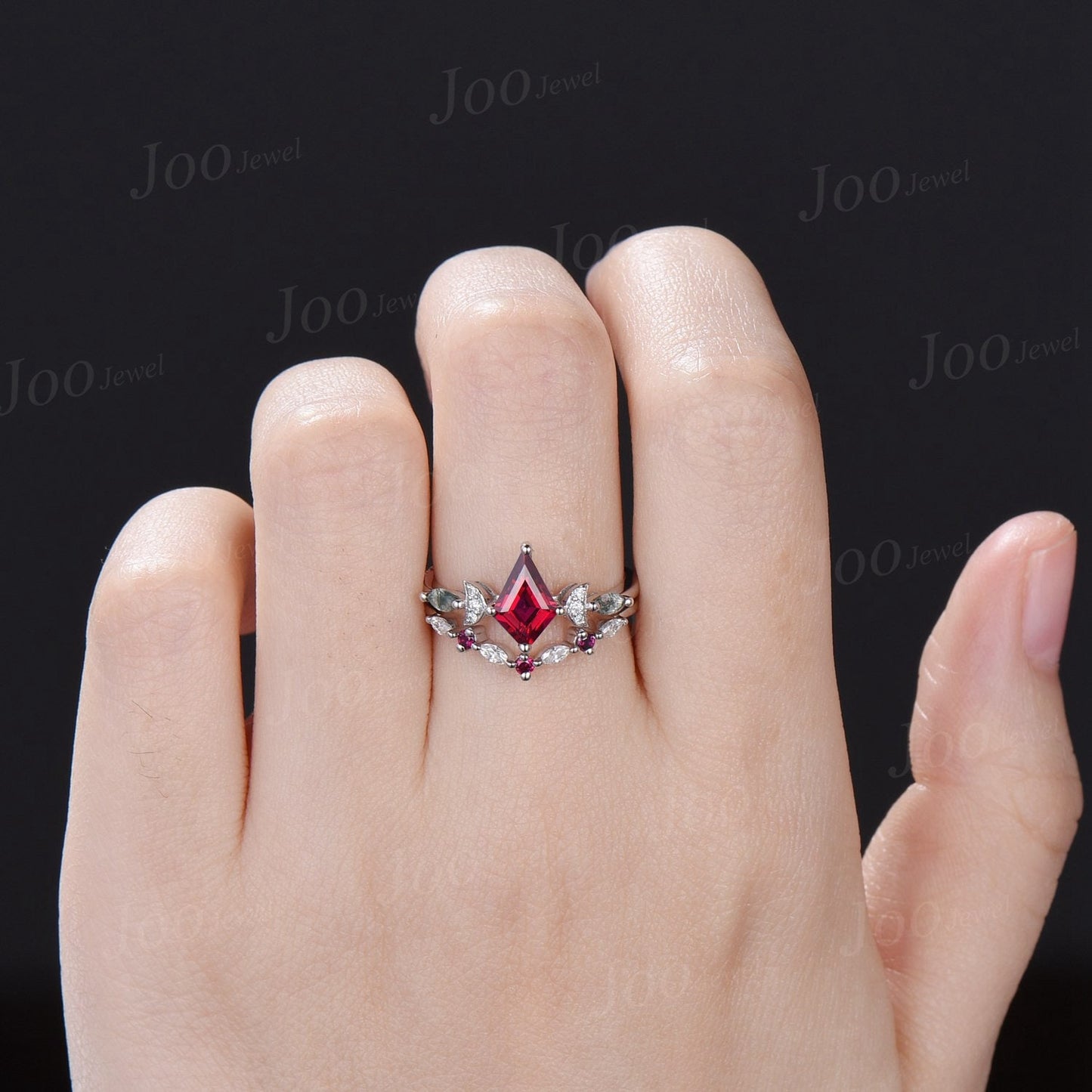 1ct Kite Ruby Bridal Set Vintage Ruby Celestial Engagement Ring Triple Moon Moss Agate Wedding Ring Sterling Silver Ruby Moissanite Ring Set