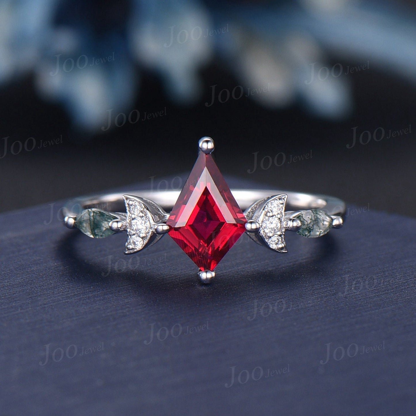 1ct Kite Ruby Bridal Set Vintage Ruby Celestial Engagement Ring Triple Moon Moss Agate Wedding Ring Sterling Silver Ruby Moissanite Ring Set