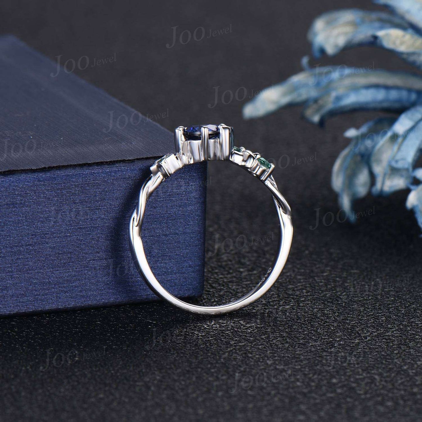 5mm Round Cut Blue Sapphire Moon Engagement Ring Cluster Star Emerald Ring Sterling Silver Celestial Wedding Ring Asymmetrical Promise Ring