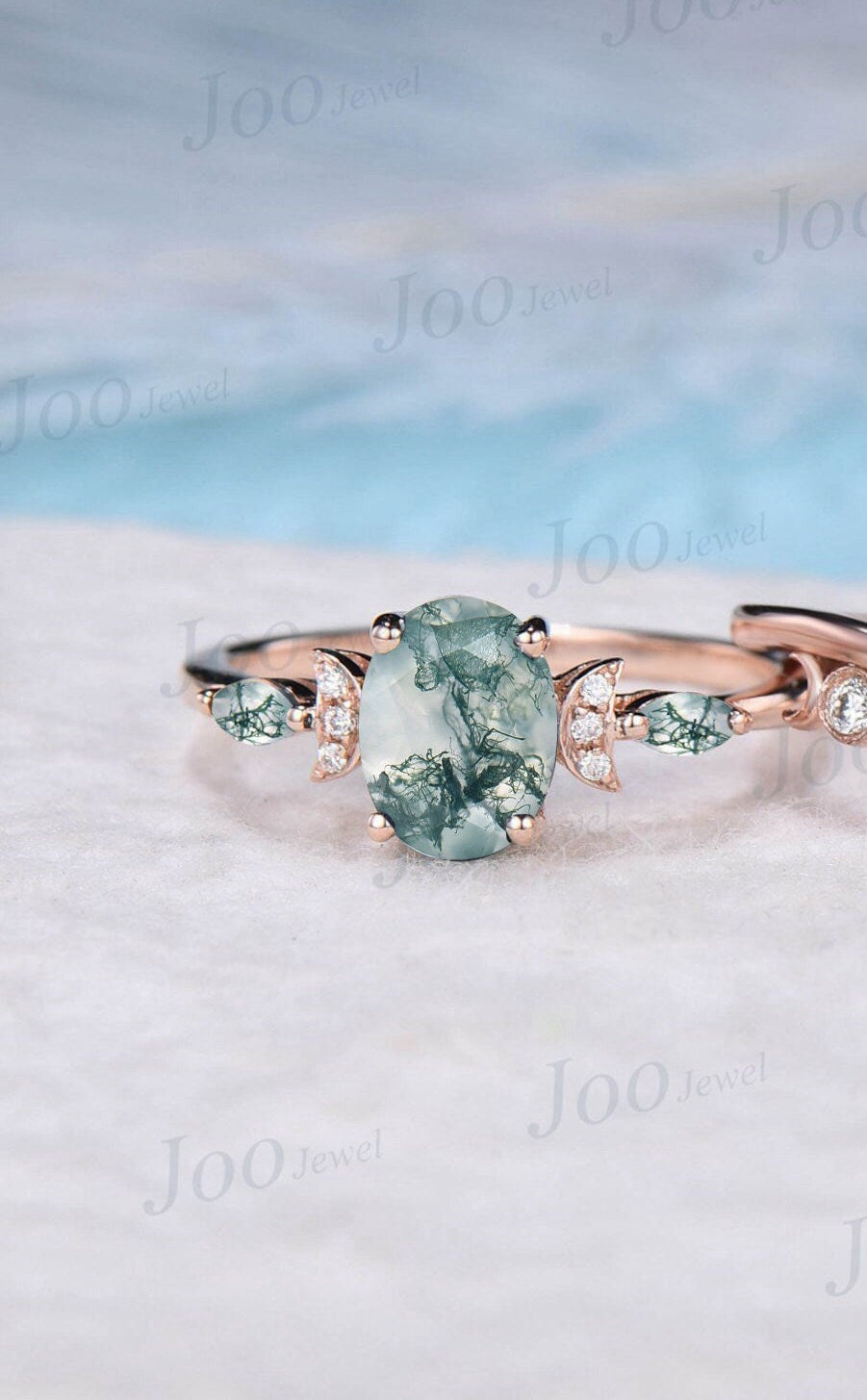 1.5ct Oval Cut Natural Moss Agate Diamond Celestial Engagement Ring Triple Moon Celtic Knot Alexandrite Band Rose Gold Moss Agate Bridal Set