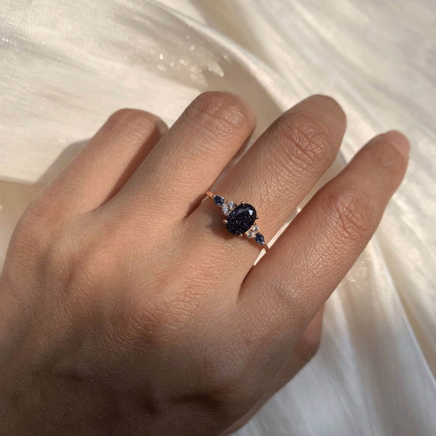 Sterling Silver 1.5ct Galaxy Starry Sky Blue Sandstone Ring Oval Gemstone Jewelry Vintage Cluster Blue Goldstone Personalized Gift for Women