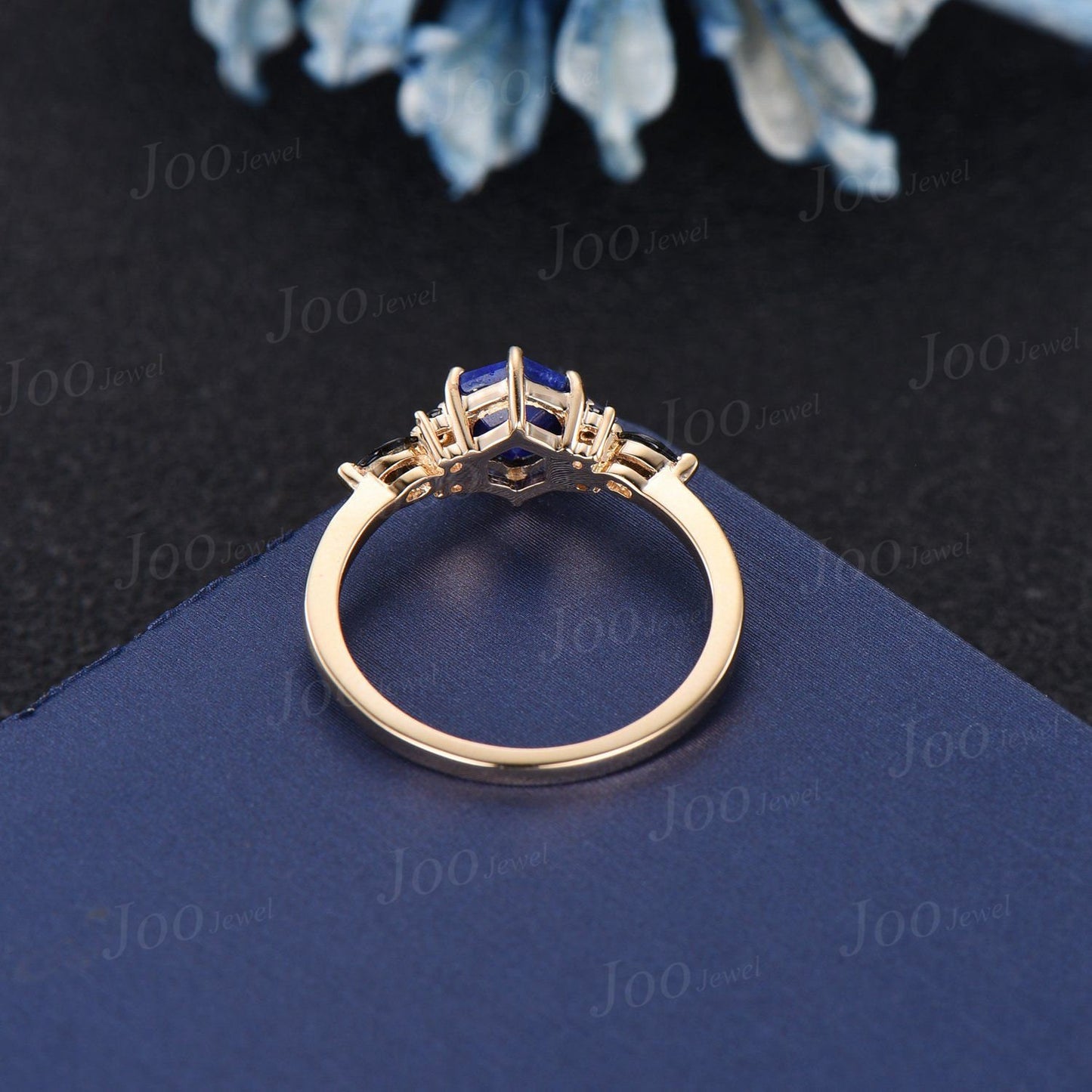 1ct Hexagon Cut Natural Lapis Lazuli Engagement Ring 10K Solid Gold Vintage Lapis Gold Black Spinel Wedding Ring Unique Antique Gift for Her