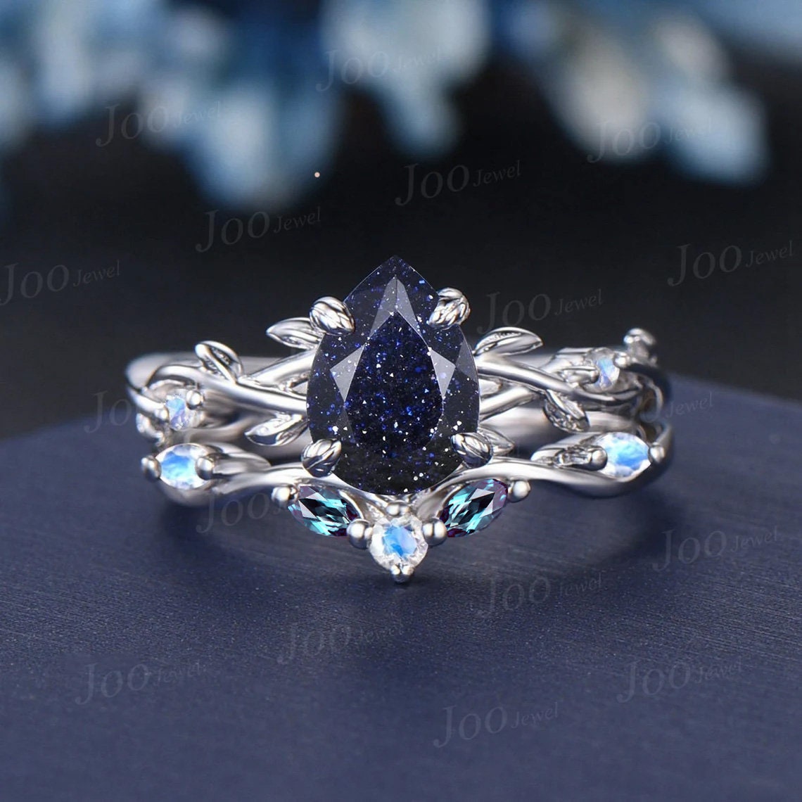 1.25ct Nature Inspired Pear Galaxy Blue Sandstone Moonstone Bridal Set Unique Twig Vine Teardrop Blue Goldstone Alexandrite Wedding Ring