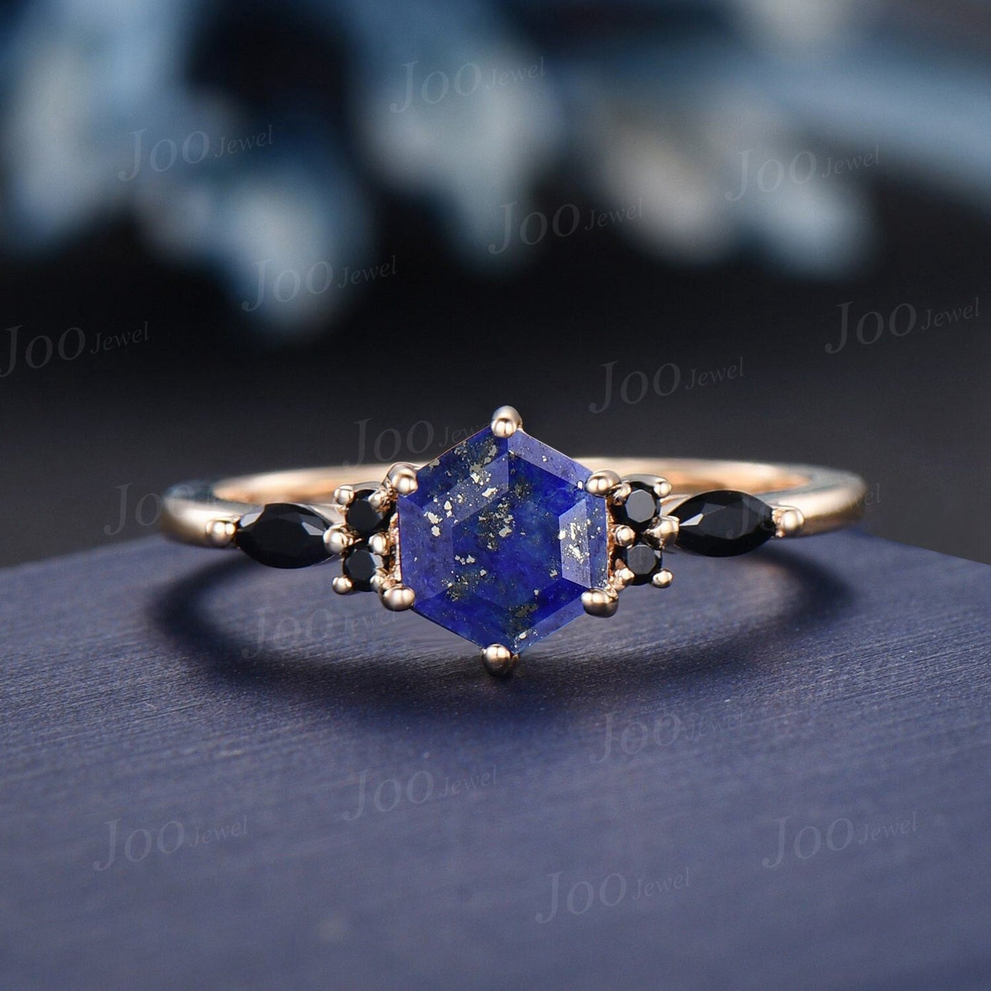1ct Hexagon Cut Natural Lapis Lazuli Engagement Ring 10K Solid Gold Vintage Lapis Gold Black Spinel Wedding Ring Unique Antique Gift for Her