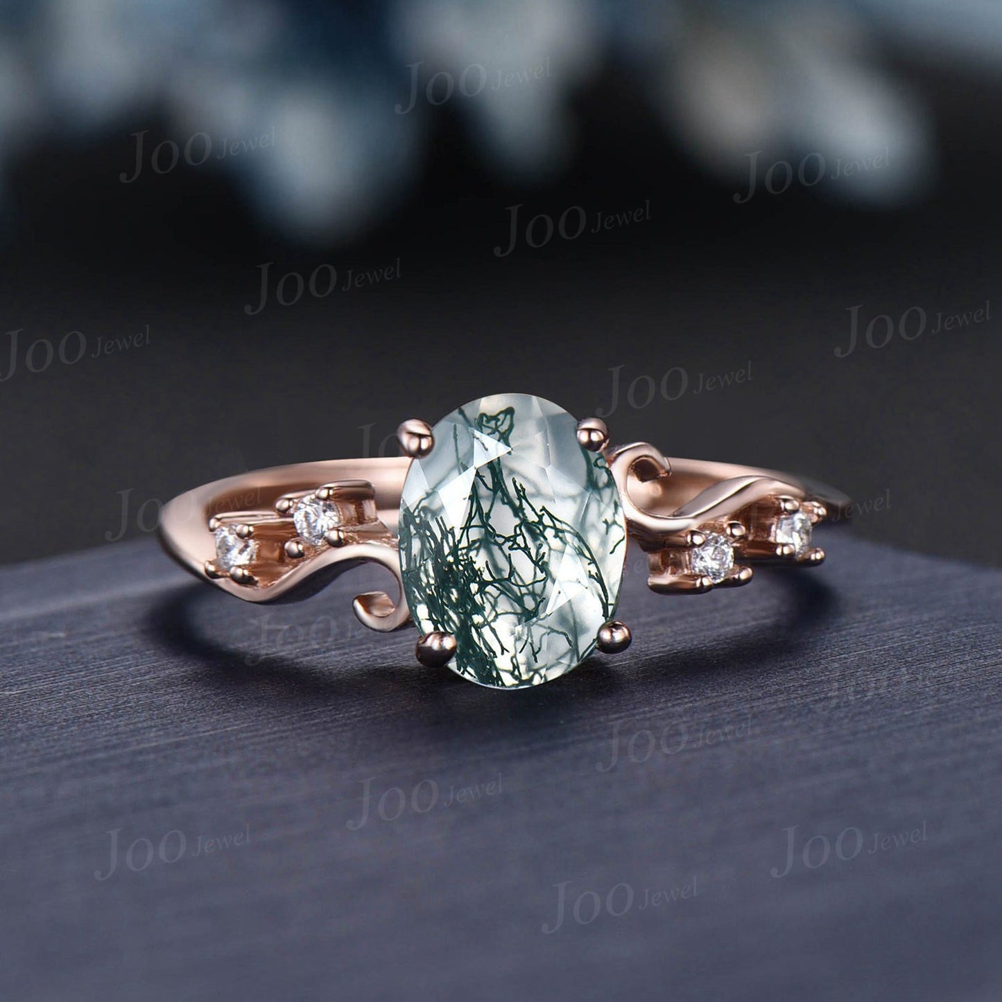 1.5ct Oval Natural Green Moss Agate Engagement Ring Rose Gold Cluster Infinity Moissanite Bridal Set Antique Flower Filigree Wedding Ring