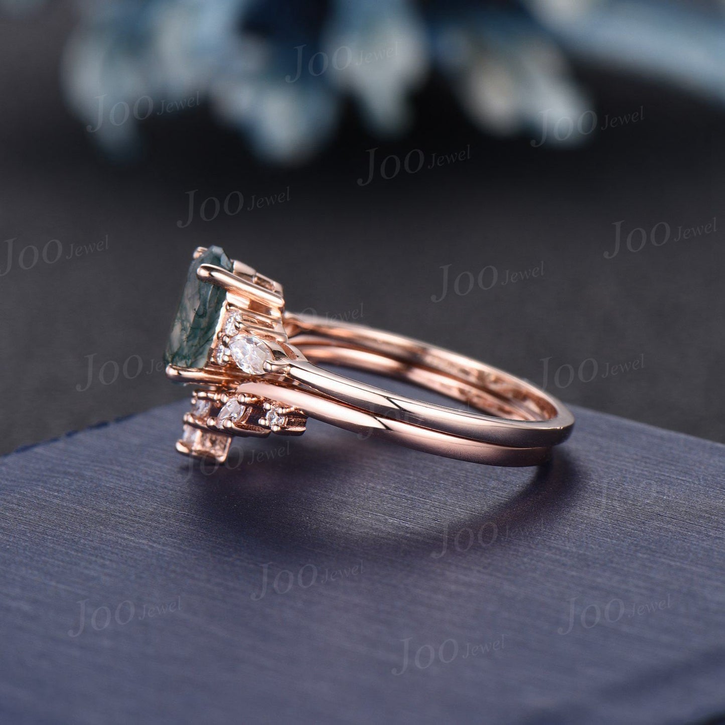 1.5ct Oval Natural Moss Agate Engagement Rings Set Rose Gold Cluster Aquatic Agate Bridal Ring Marquise Leaf Agate Moissanite Wedding Rings