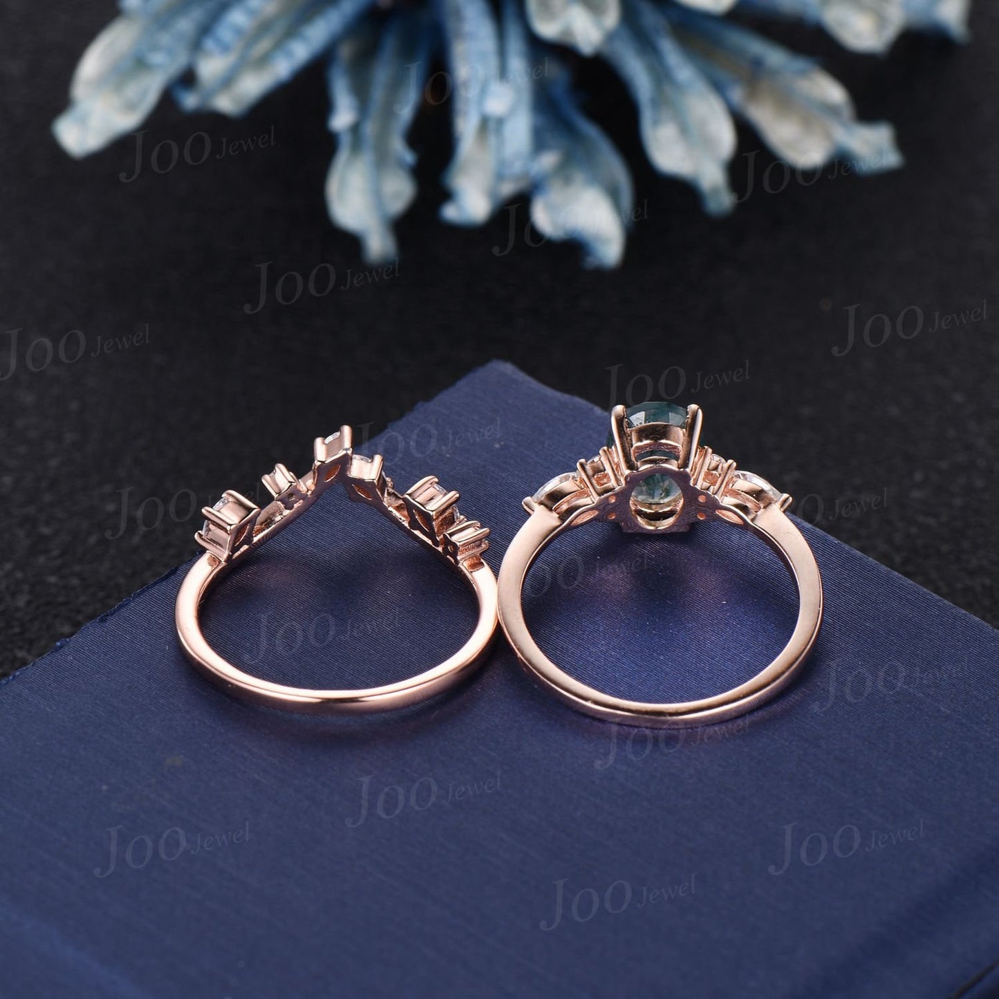 1.5ct Oval Natural Moss Agate Engagement Rings Set Rose Gold Cluster Aquatic Agate Bridal Ring Marquise Leaf Agate Moissanite Wedding Rings