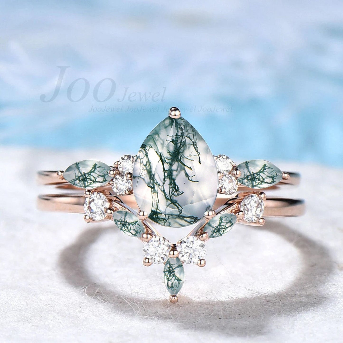 1.25ct Pear Shaped Natural Moss Agate Engagement Ring Set 10K/14K/18K Rose Gold Moissanite Wedding Ring Women Unique Moss Agate Bridal Set
