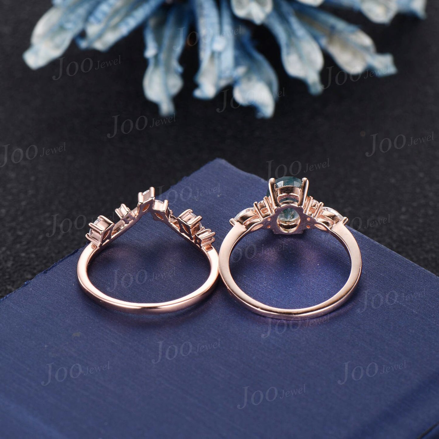 1.5ct Oval Natural Moss Agate Engagement Rings Set Rose Gold Cluster Aquatic Agate Bridal Ring Marquise Leaf Moissanite Nature Wedding Rings