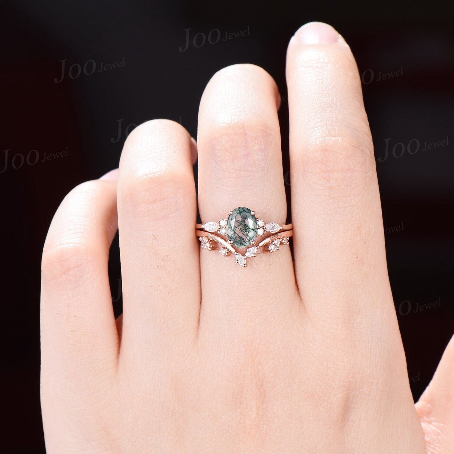 1.5ct Oval Natural Moss Agate Engagement Rings Set Rose Gold Cluster Aquatic Agate Bridal Ring Marquise Leaf Moissanite Nature Wedding Rings
