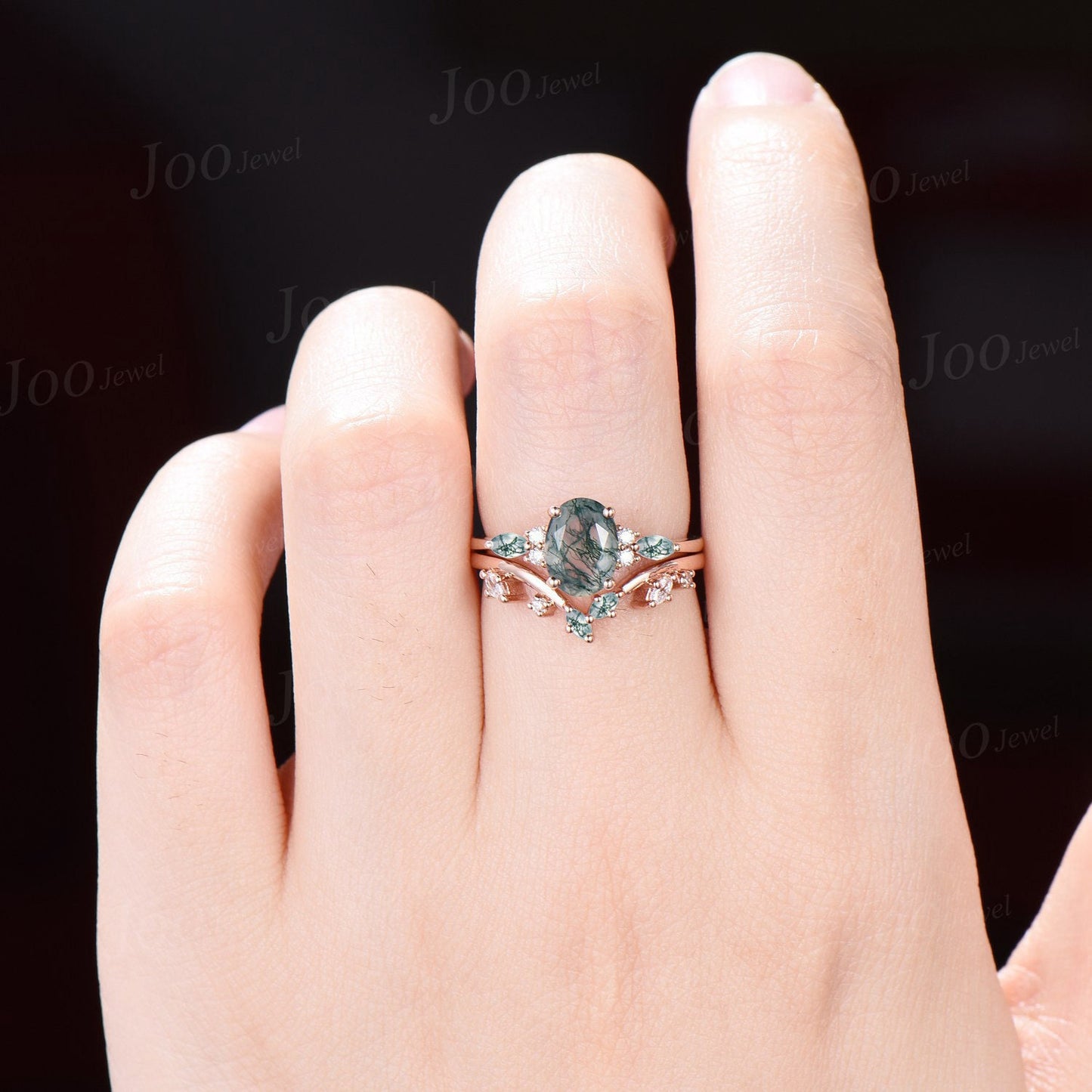 Natural Moss Agate Engagement Rings Set 10K Rose Gold Oval Bridal Set Cluster Aquatic Agate Marquise Leaf Agate Moissanite Wedding Rings