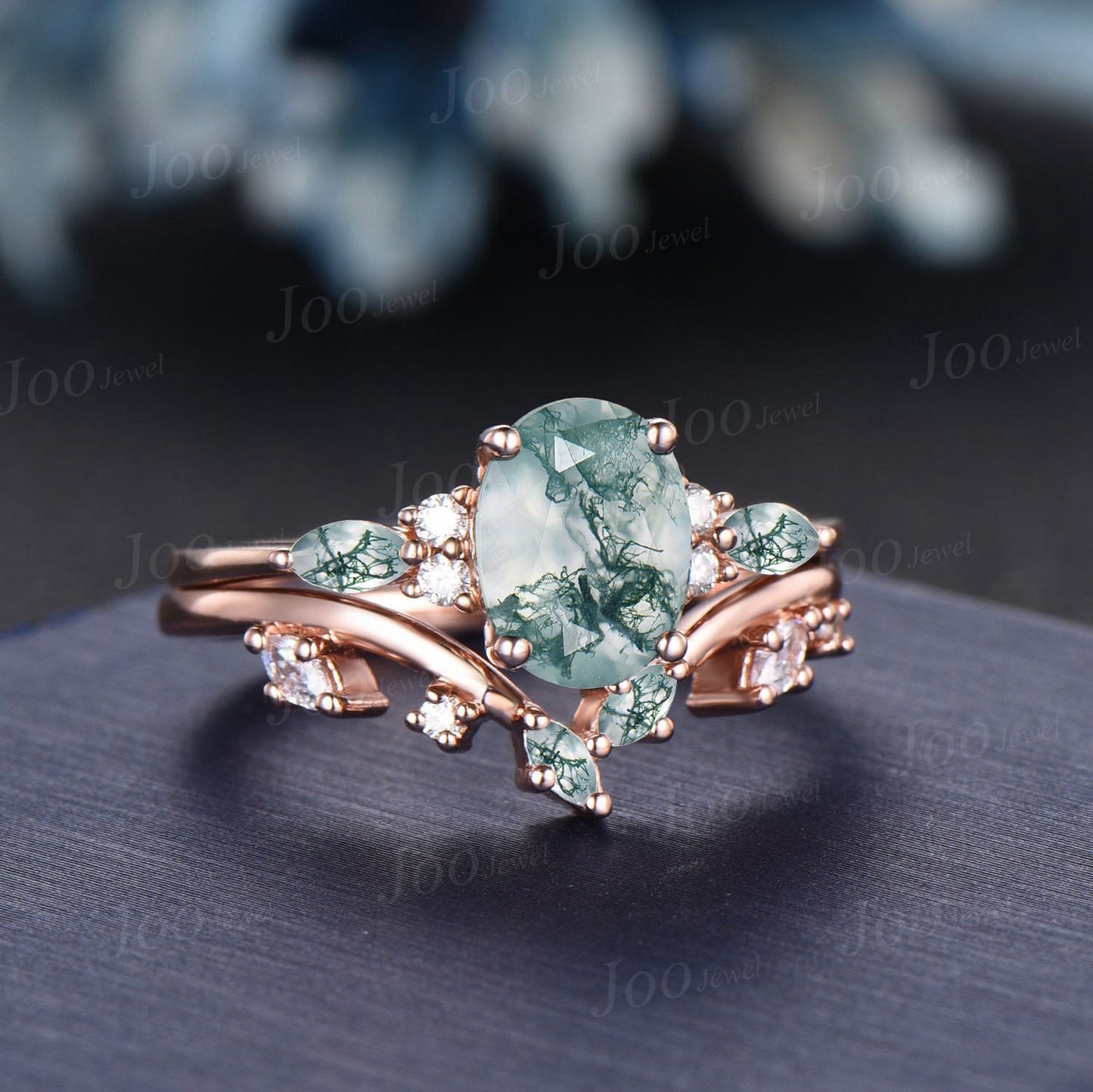Natural Moss Agate Engagement Rings Set 10K Rose Gold Oval Bridal Set Cluster Aquatic Agate Marquise Leaf Agate Moissanite Wedding Rings