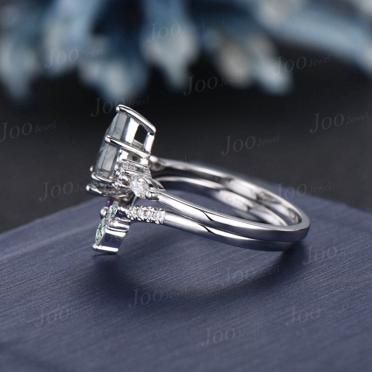 Vintage Kite Cut Green Moss Agate Engagement Ring Set 14k White Gold Marquise Moissanite Ring For Women Unique Moss Bridal Wedding Ring Set