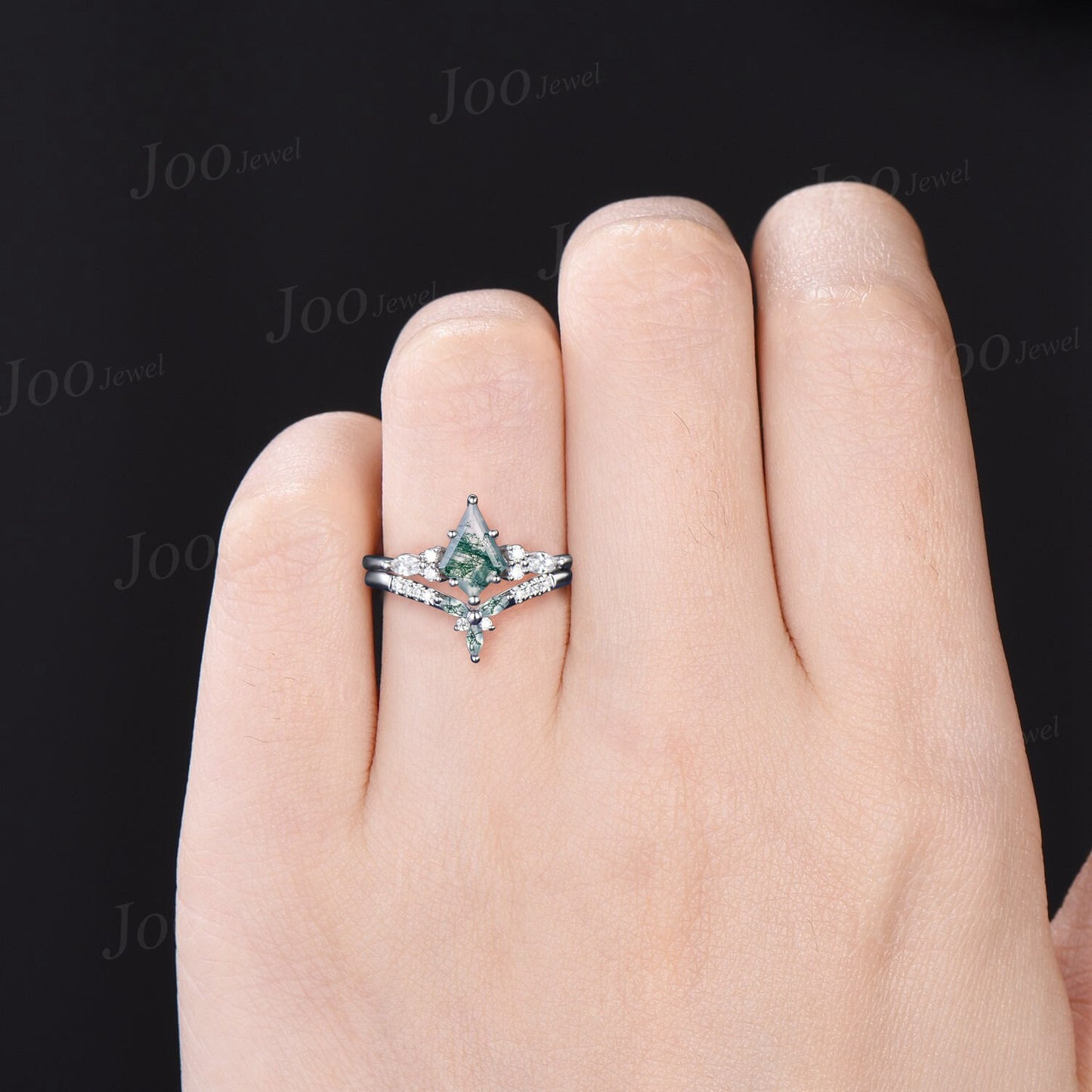 Vintage Kite Cut Green Moss Agate Engagement Ring Set 14k White Gold Marquise Moissanite Ring For Women Unique Moss Bridal Wedding Ring Set